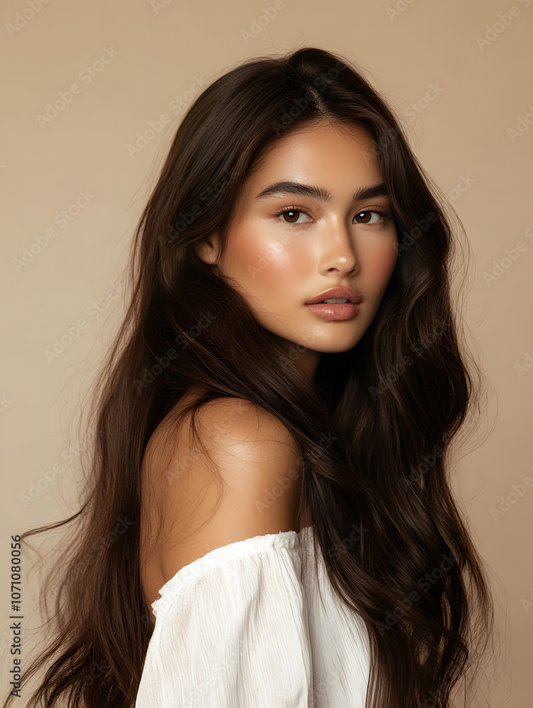 A beautiful woman with long, brown hair, a fashion portrait against a brown background A beautiful woman with long, brown hair, a fashion portrait against a brown background