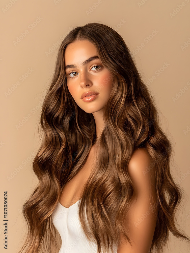Naklejka premium A beautiful woman with long, brown hair, a fashion portrait against a brown background