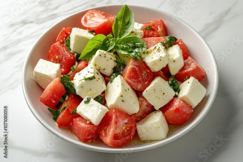 Mozzarella and basil tomato salad on a white marble surface Close up shot from above