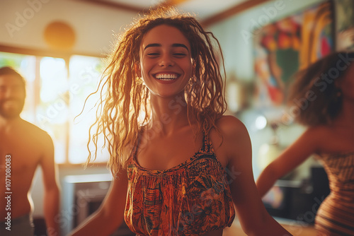 Joyful moments during an impromptu dance party in a cozy indoor space filled with vibrant artwork and warm lighting