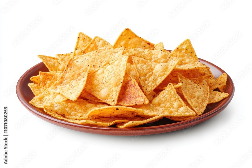 Nachos with ground meat and cheese on a plate set against a white background Nachos with ground meat and cheese on a plate set against a white background