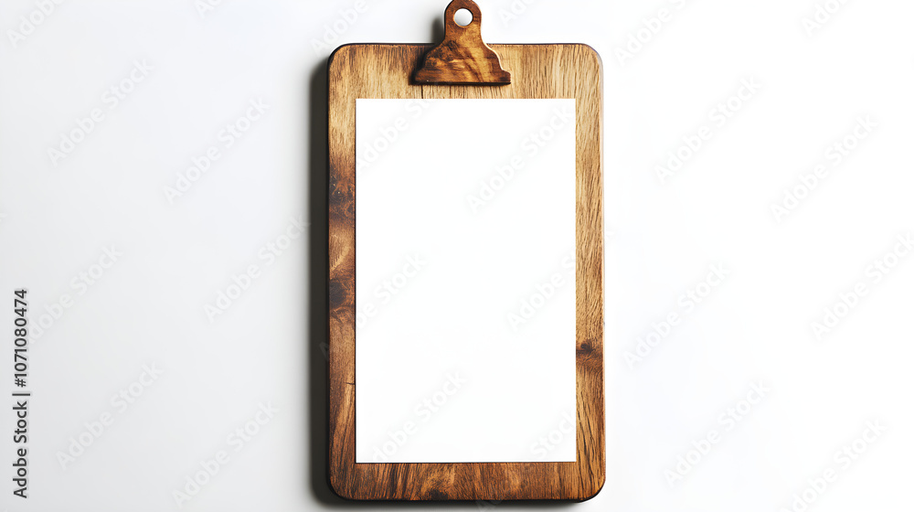 A blank menu attached to a rustic wooden clipboard, styled with subtle shadows for a clean A blank menu attached to a rustic wooden clipboard, styled with subtle shadows for a clean