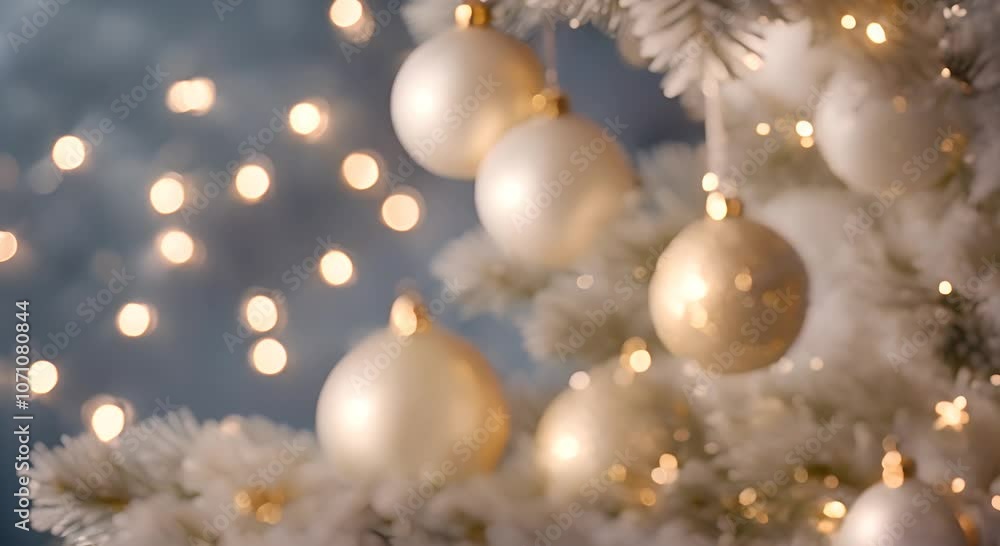 Close up view of beautiful white Christmas tree with snowfall fir branches with shiny white baubles or balls golden xmas ornaments and lights Holidays background Decoration on Christmas tree 4K Close up view of beautiful white Christmas tree with snowfall fir branches with shiny white baubles or balls golden xmas ornaments and lights Holidays background Decoration on Christmas tree 4K