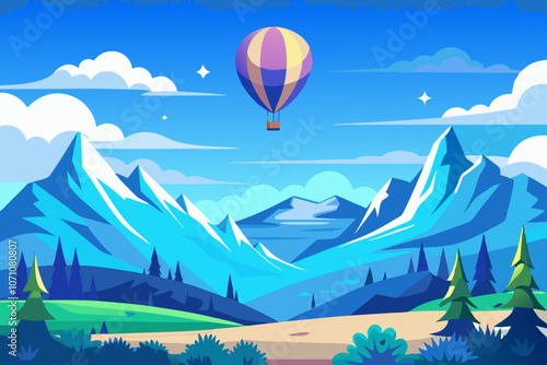 A hot air ballon on a blue sky over a beautiful mountain landscape