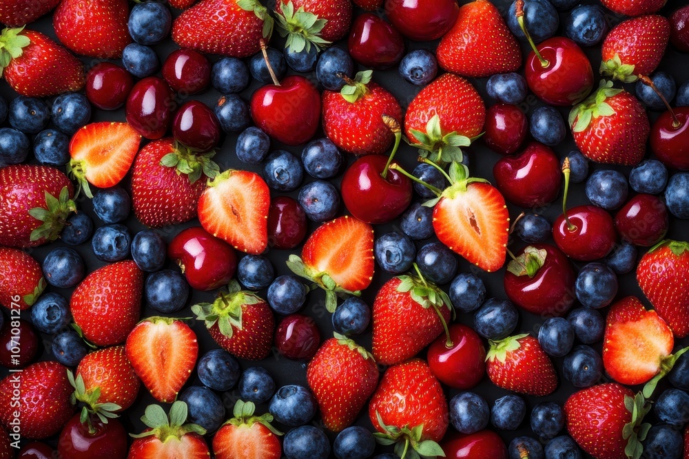 Fototapeta premium Overhead view of a fruit salad featuring strawberries blueberries and sweet cherries