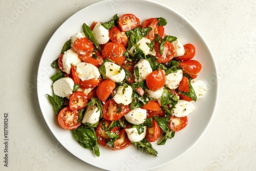 Overhead view of a tomato and mozzarella salad on a white table