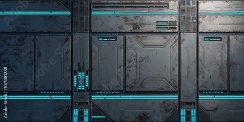 Sci Fi Metal Wall Panel with Lights for Game Backgrounds