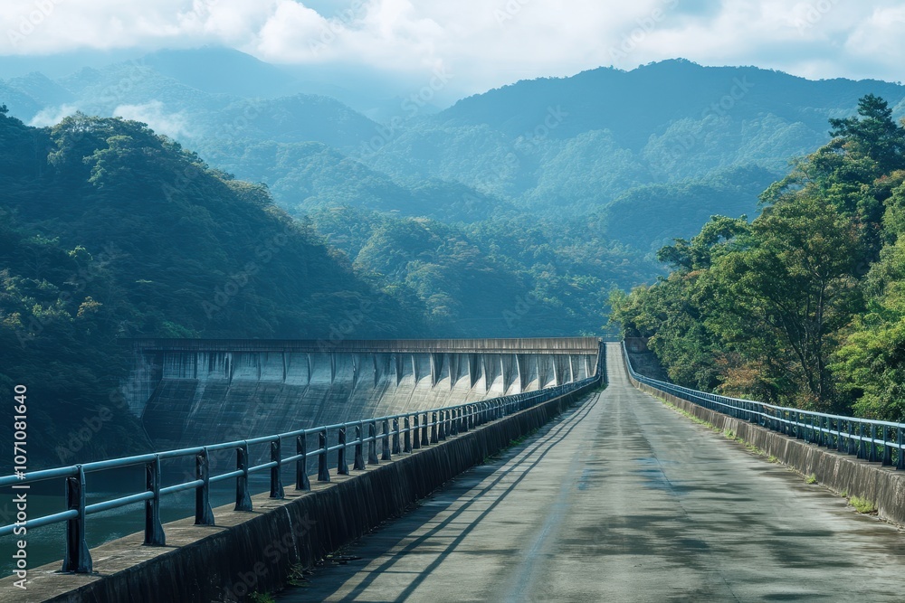 Paved road featuring a protective fence along a high overpass above a dam framed by stunning mountain scenery Transportation photo with selective focus Paved road featuring a protective fence along a high overpass above a dam framed by stunning mountain scenery Transportation photo with selective focus