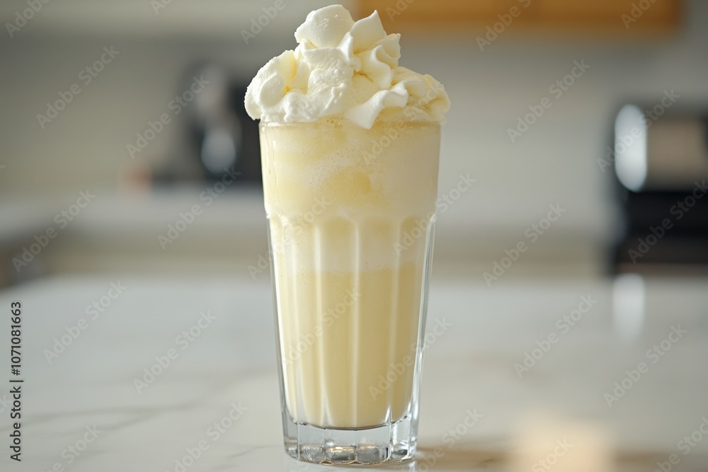 An ice cream float with vanilla ice cream and soda in a tall glass, topped with whipped cream. An ice cream float with vanilla ice cream and soda in a tall glass, topped with whipped cream.