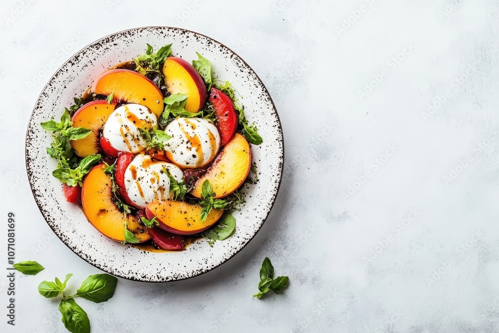 Peach and mozzarella Caprese salad with herbs and balsamic cream on a white stone platter Peach and mozzarella Caprese salad with herbs and balsamic cream on a white stone platter