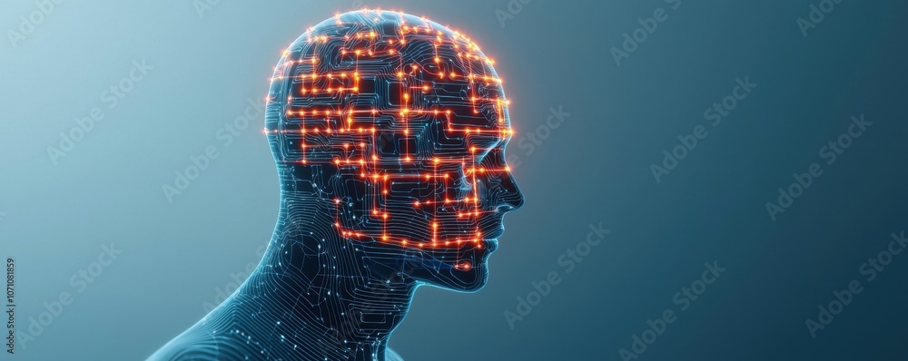 A digital representation of a human head, resembling a network of interconnected nodes and circuits, artificial intelligence and technology. A digital representation of a human head, resembling a network of interconnected nodes and circuits, artificial intelligence and technology.