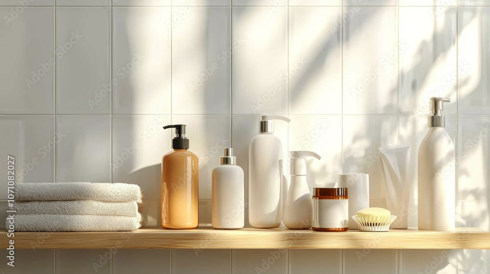 beautifully arranged bathroom shelf showcases various personal hygiene products alongside plush towels all illuminated softly sunlight filtering window. beautifully arranged bathroom shelf showcases various personal hygiene products alongside plush towels all illuminated softly sunlight filtering window.