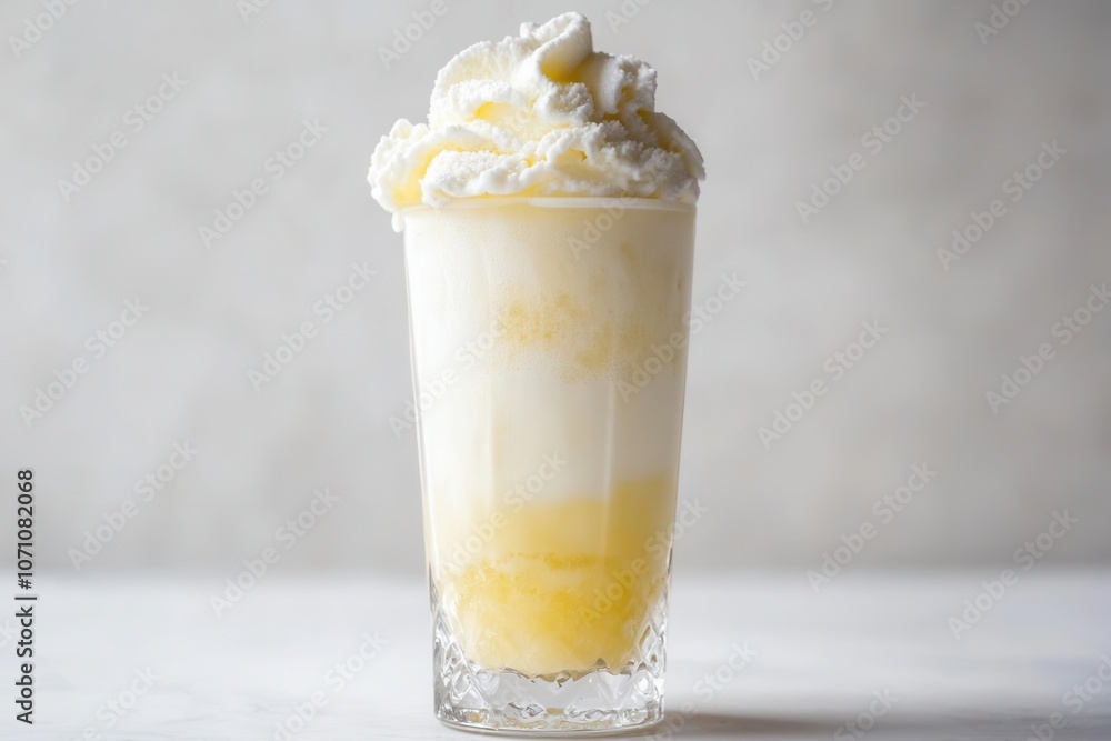 An ice cream float with vanilla ice cream and soda in a tall glass, topped with whipped cream. An ice cream float with vanilla ice cream and soda in a tall glass, topped with whipped cream.