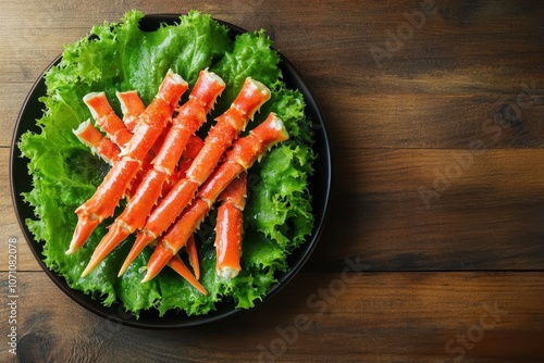 Plate of crab sticks and lettuce on a brown wooden table photo