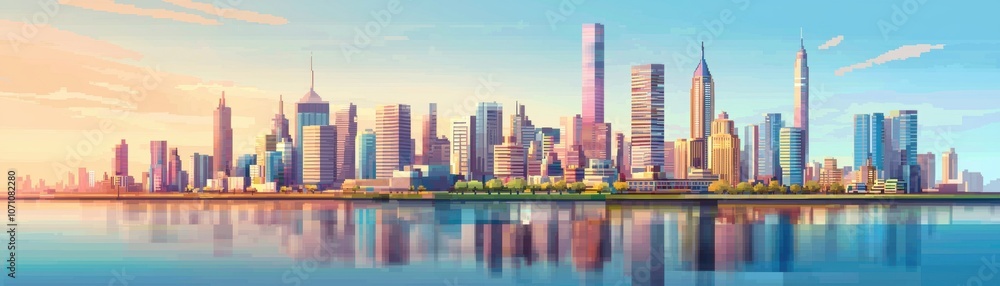 Fototapeta premium A vibrant city skyline at sunset, showcasing tall buildings reflected in calm water