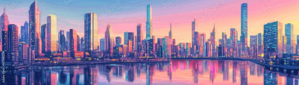 A vibrant city skyline at sunset, reflecting colorful hues on the water A vibrant city skyline at sunset, reflecting colorful hues on the water