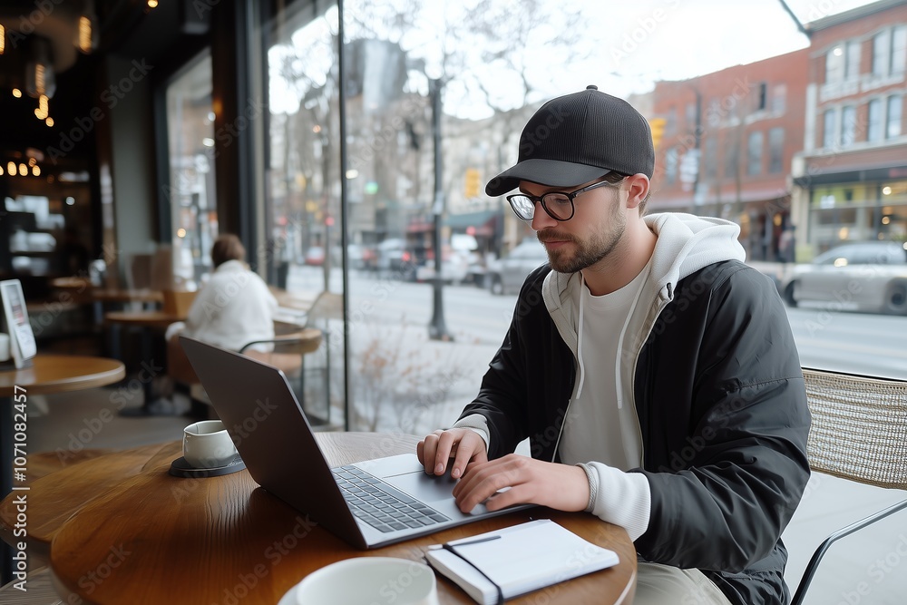 Fototapeta premium Young Professional Works on Laptop in Cozy Cafe Environment