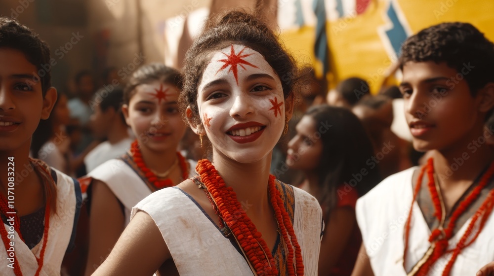 Fototapeta premium Cultural exchange program captures students sharing traditions