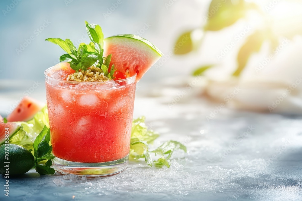 Refreshing summer salad with lettuce young goat cheese and spices accompanied by a watermelon smoothie Light recipes and fruit salads Sunlit white table Refreshing summer salad with lettuce young goat cheese and spices accompanied by a watermelon smoothie Light recipes and fruit salads Sunlit white table