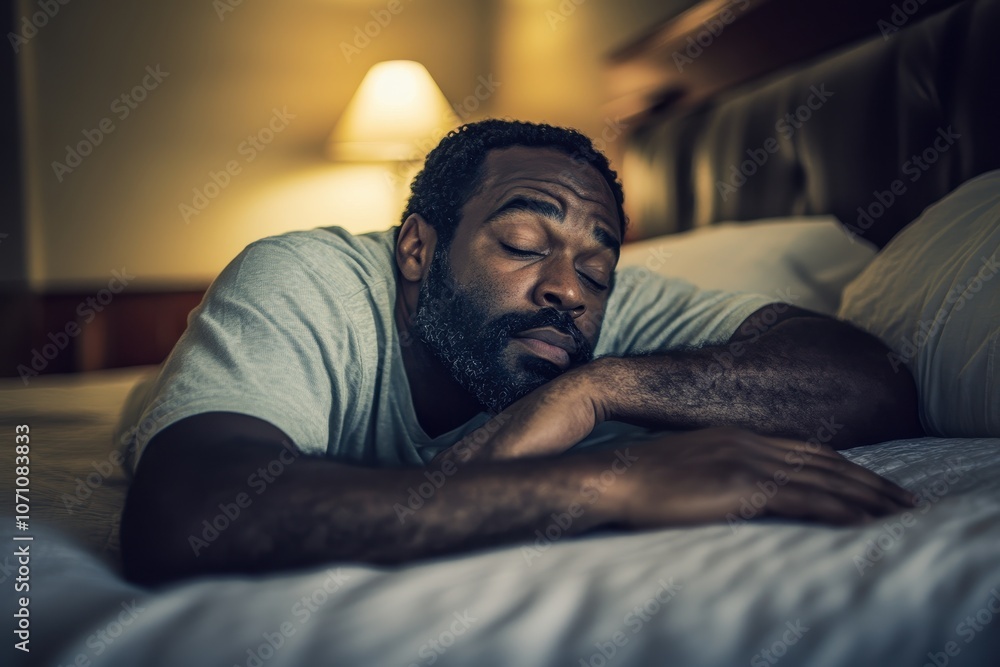 Reflective Black man relaxing on a hotel bed during the day Reflective Black man relaxing on a hotel bed during the day