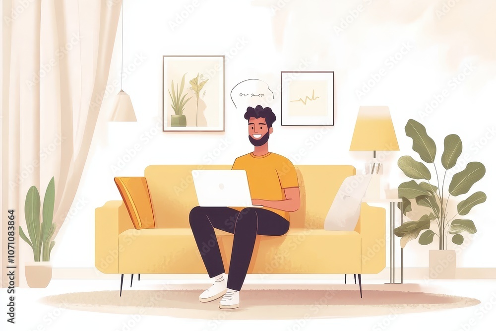 Fototapeta premium Remote work Happy Indian freelancer using a laptop on his couch at home enjoying his job