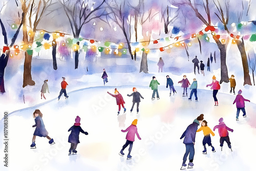 watercolor illustration of people skating on an ice rink in the park