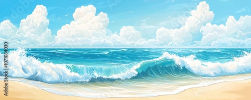 A vibrant beach scene with rolling waves