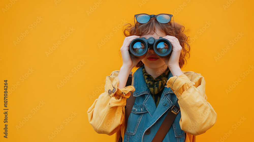 Focused Birdwatcher with Binoculars Against a Cheerful Yellow Backdrop