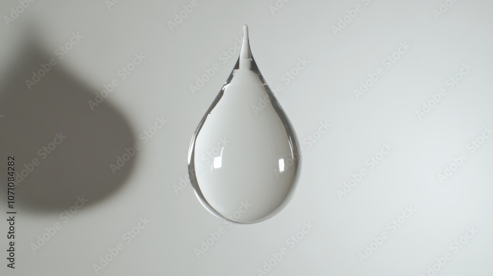 Fototapeta premium A large, clear water droplet with perfect symmetry, suspended mid-air, casting a faint shadow on a white background for a clean look