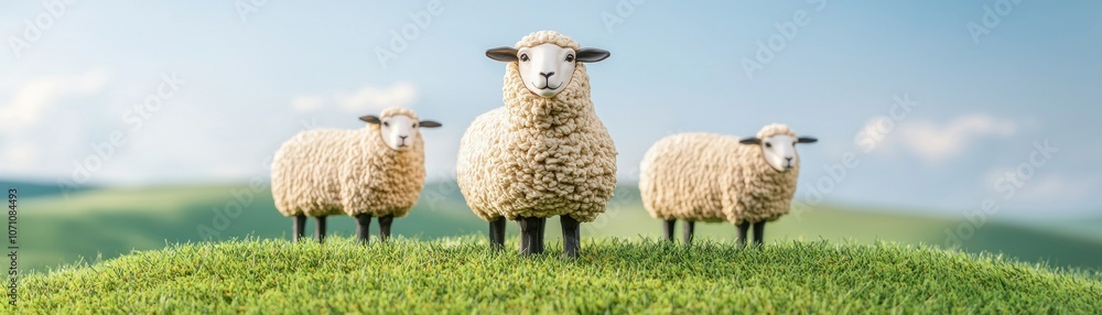 Three fluffy sheep stand together on a grassy hill, basking in the sunlight Three fluffy sheep stand together on a grassy hill, basking in the sunlight