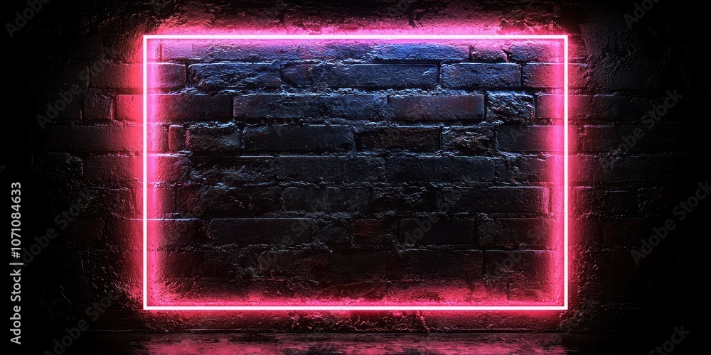 Glowing Pink Neon Square Frame on a Brick Wall Glowing Pink Neon Square Frame on a Brick Wall