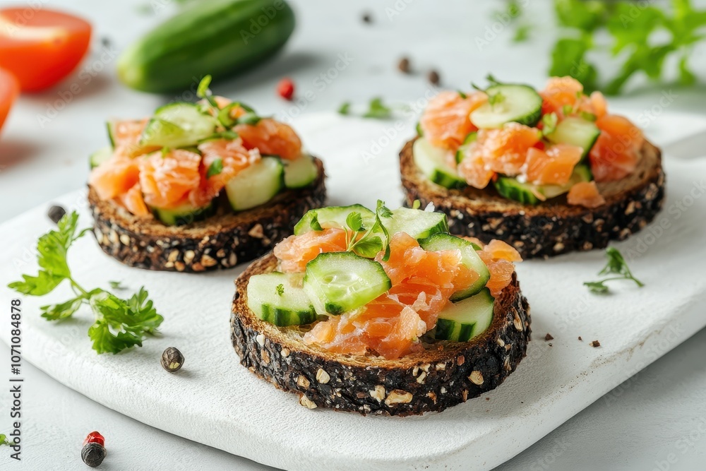 Rye flatbreads topped with salted salmon and cucumber on a light stone surface Nutritious meal Rye flatbreads topped with salted salmon and cucumber on a light stone surface Nutritious meal