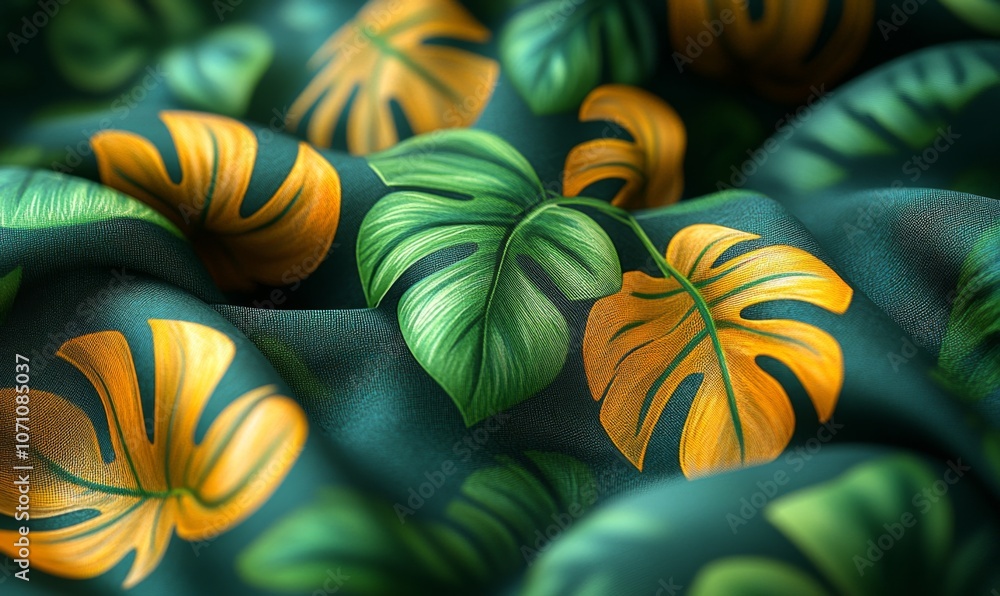 3D tropical leaf pattern on fabric with bright green and yellow hues, ideal for summer apparel 3D tropical leaf pattern on fabric with bright green and yellow hues, ideal for summer apparel