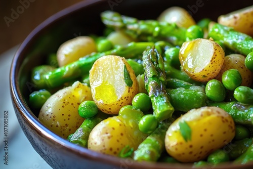 Salad of asparagus broad beans new potatoes olive oil and lemon photo