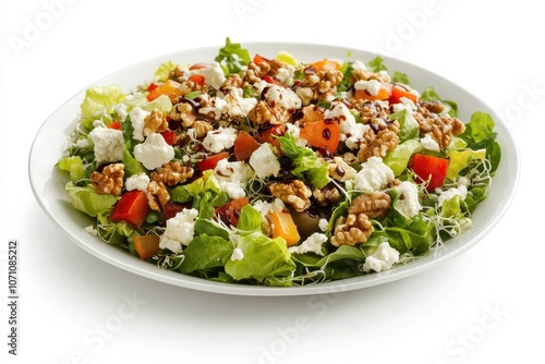 Salad with crumbled goat cheese mixed lettuce sprouts halved California walnuts balsamic dressing and a white plate against a white backdrop