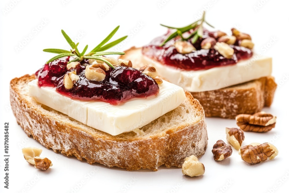 Sliced toasted bread topped with cherry jam brie and nuts set against a white background Sliced toasted bread topped with cherry jam brie and nuts set against a white background