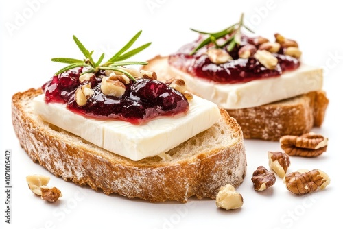 Sliced toasted bread topped with cherry jam brie and nuts set against a white background