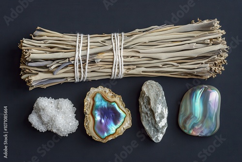 Spiritual smudge kit with natural items Palo Santo sage feather crystals and sea pearl shell on black Soul balancing photo