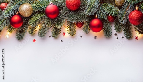 Illustrated mockup, Christmas theme border, with free space for text. White plane background, fir tree branches on the upper side, red christmas balls.