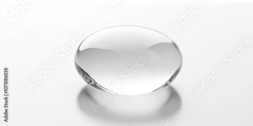 A single, round water droplet resting on a smooth surface with gentle reflections, isolated on a bright white background for a minimalist effect