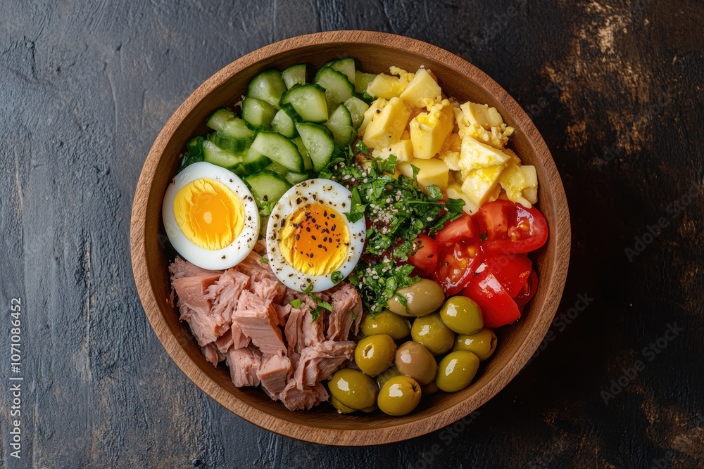 Tuna Niçoise salad featuring tomatoes olives green beans cucumber soft boiled eggs and potato in a wooden bowl on a wooden surface Overhead perspective Blank area Tuna Niçoise salad featuring tomatoes olives green beans cucumber soft boiled eggs and potato in a wooden bowl on a wooden surface Overhead perspective Blank area