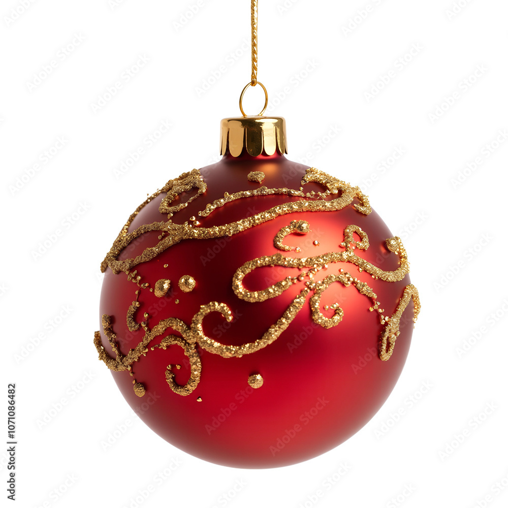 A red Christmas ornament hanging elegantly by a slim gold string. Christmas ball, decoration, isolated on transparent background A red Christmas ornament hanging elegantly by a slim gold string. Christmas ball, decoration, isolated on transparent background