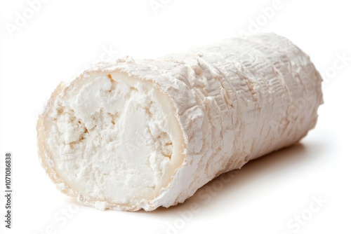 Whole goat cheese log with a white rind close up on white background