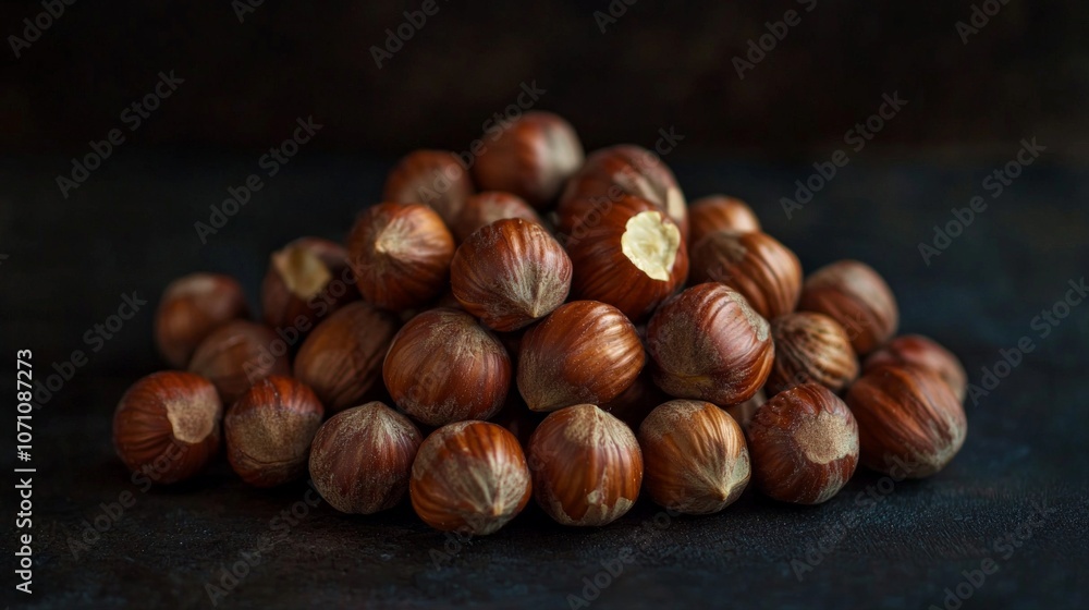 collection hazelnuts elegantly displayed highlighting their rich texture and colors. dark background and low key lighting enhance natural beauty nuts. collection hazelnuts elegantly displayed highlighting their rich texture and colors. dark background and low key lighting enhance natural beauty nuts.