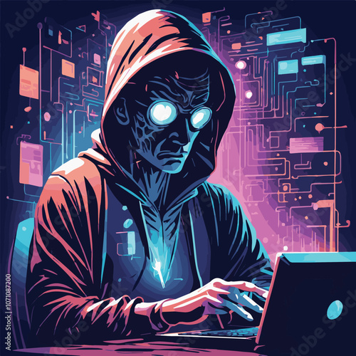 Hacker with laptop, concept vector illustration, computer security technology concept, e-mail spam viruses bank account hacking. Hacker with the hoodie and digital symbols on black background.	