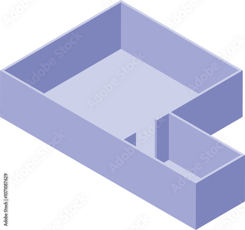 Isometric projection of an empty l shaped room with purple walls, ideal for architectural projects or interior design concepts