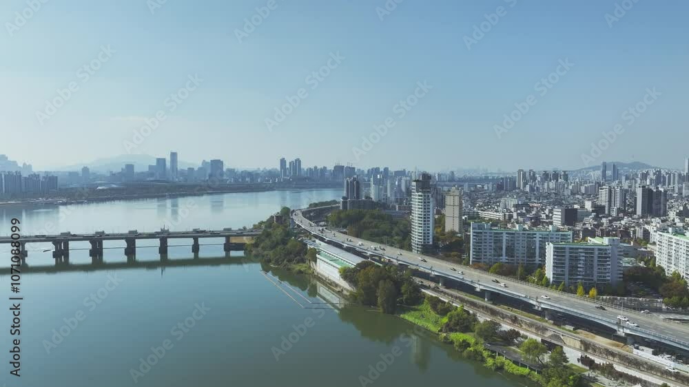 Drone View of Seoul city in South Korea, Jamsil Han River, Summer 60fps Drone View of Seoul city in South Korea, Jamsil Han River, Summer 60fps