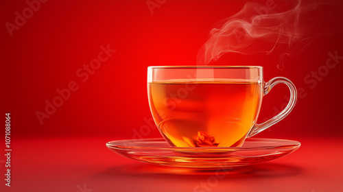  A steaming mug of tea against a red background, with gentle wisps of steam rising, creating a warm and inviting atmosphere