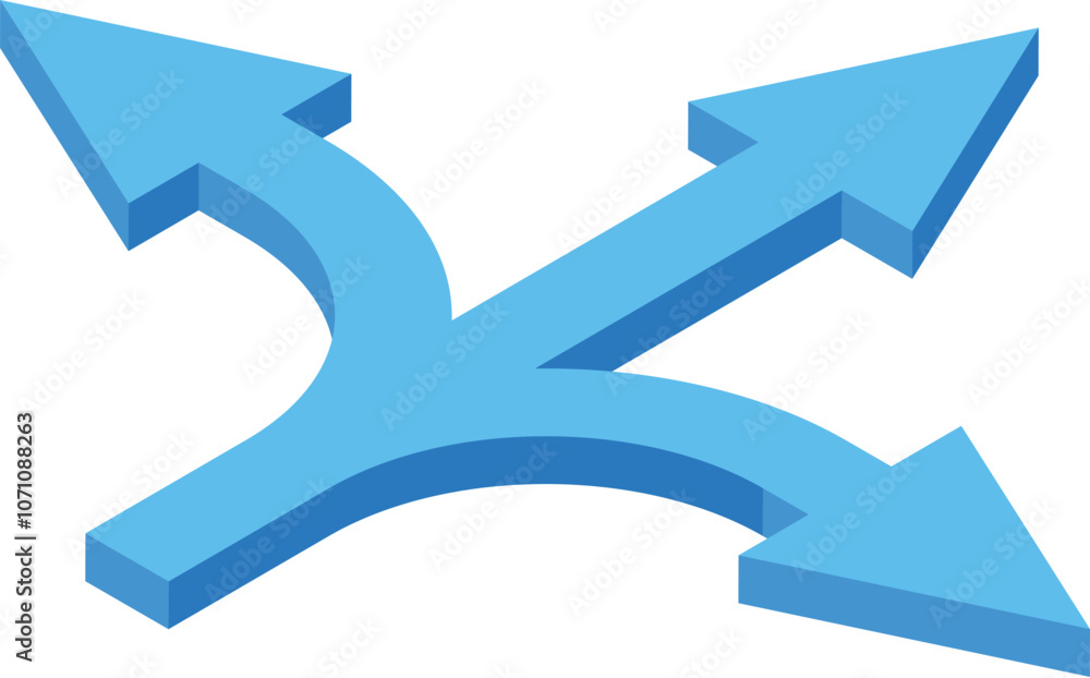 Three blue arrows splitting and pointing in different directions, representing choices, decisions, and different paths Three blue arrows splitting and pointing in different directions, representing choices, decisions, and different paths
