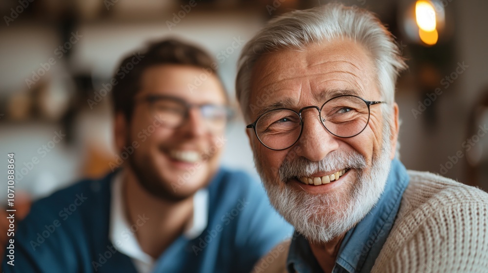 A happy elderly man visiting with a friend and sharing laughs A happy elderly man visiting with a friend and sharing laughs